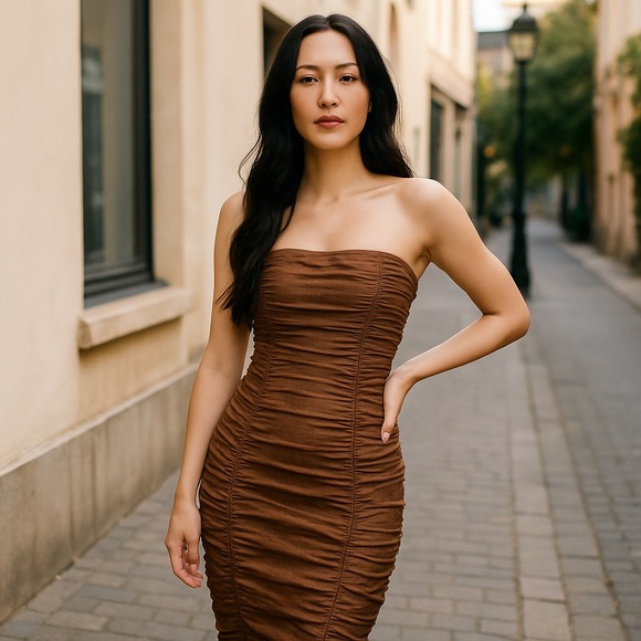 Urban Outfitters | Brown Ruched Strapless Dress for Women Size XS Extra Small - Picture 4 of 14